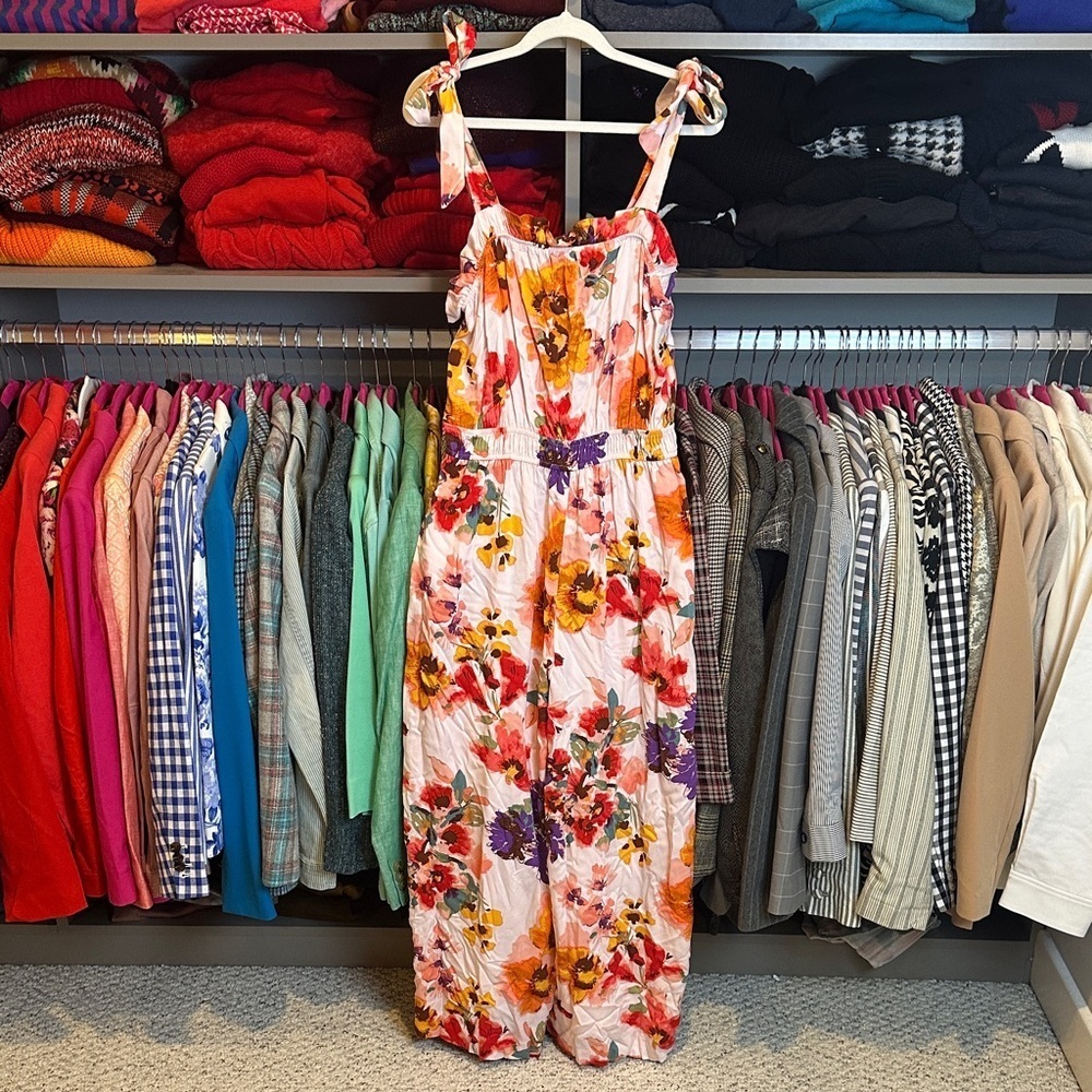 H&M pink/purple/orange floral tie strap elastic waist 2 pocket jumpsuit size M